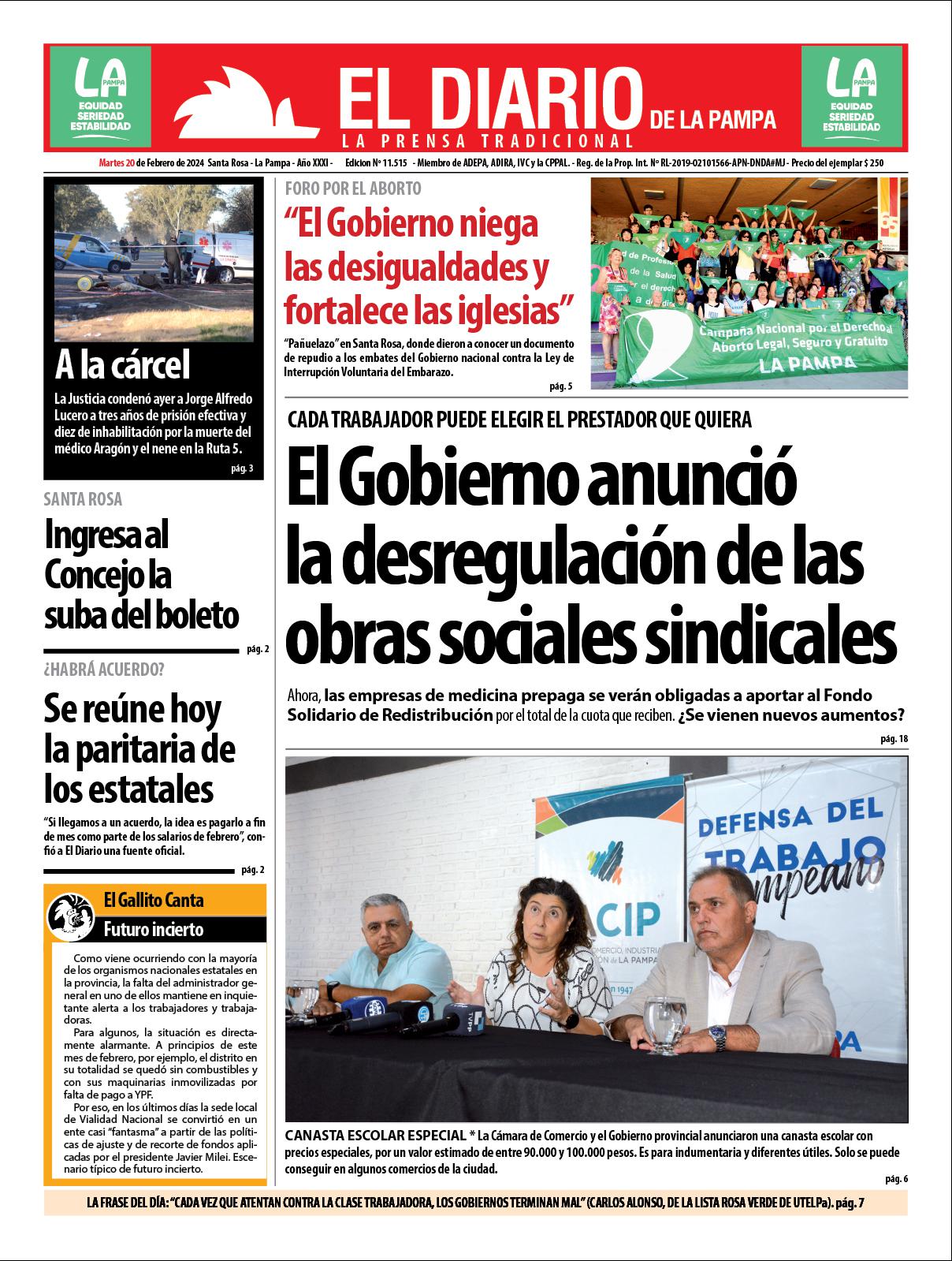 Tapa de El Diario en papel  martes 20 de febrero de 2024